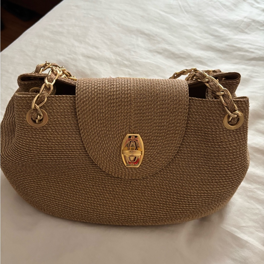 Eric Javits Tan Woven Bag with Yellow Interior
